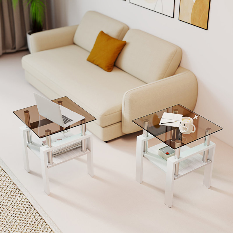 Ensemble de 2 tables à thé modernes en verre trempé (table incluse seulement), Brun, Blanc