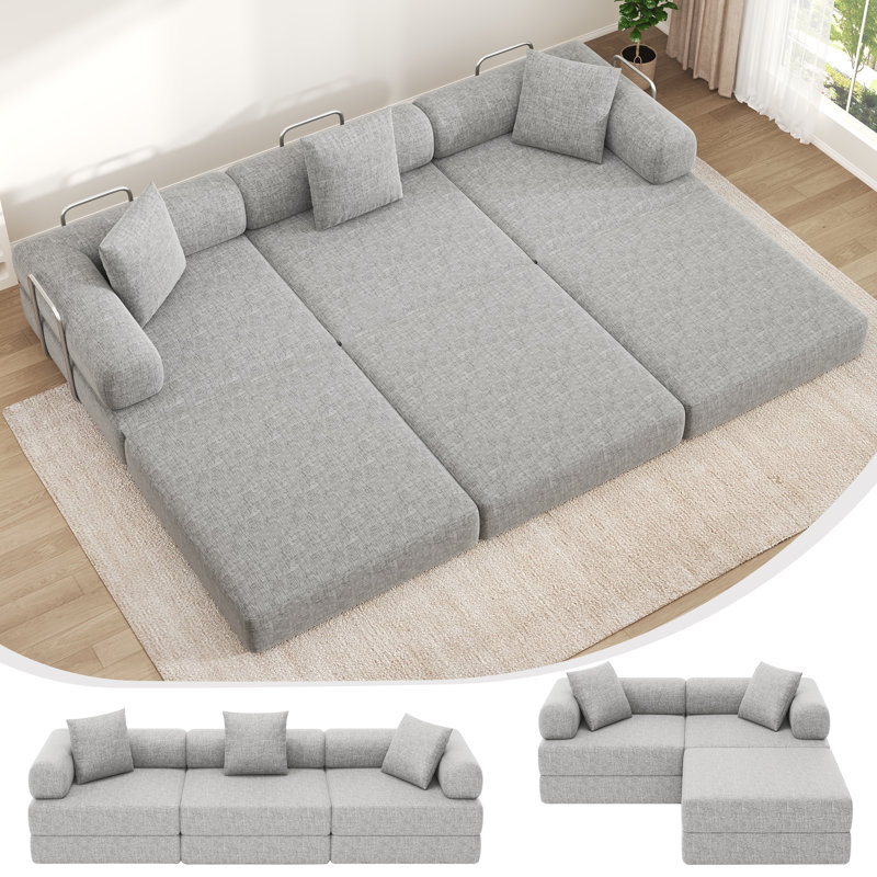 Boneless 117.6-Inch Convertible Folding Sofa Bed, Fixed-Shape Frame Floor Sleeper Sofa, Oversized Modular Sectional Couch With Chenille Upholstery For Living Room (Black)
