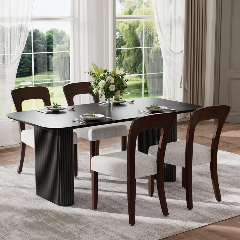 Ensemble de salle à manger rectangulaire à double piédestal avec chaise en chenille, Marron clair, Noir