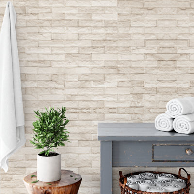 Cream Faux Brick Peel and Stick Wallpaper – Soft Textured Stone Wall Mural for Farmhouse or Scandinavian Interiors – Suitable For All Textured Walls
