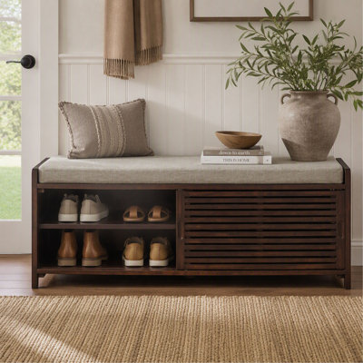 Banc à chaussures avec rangement et coussin, design à volets vieillis pour entrée et salon