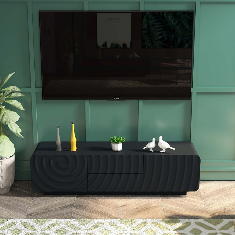 Console 58 po avec design en spirale unique et moderne avec meuble de rangement et meuble télé 2 tiroirs, Noir