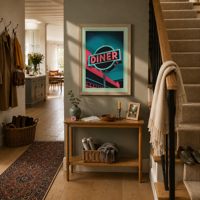 Neon Diner Sign Retro - Framed Print, A1 - 84.1 x 59.4 cm, Oak