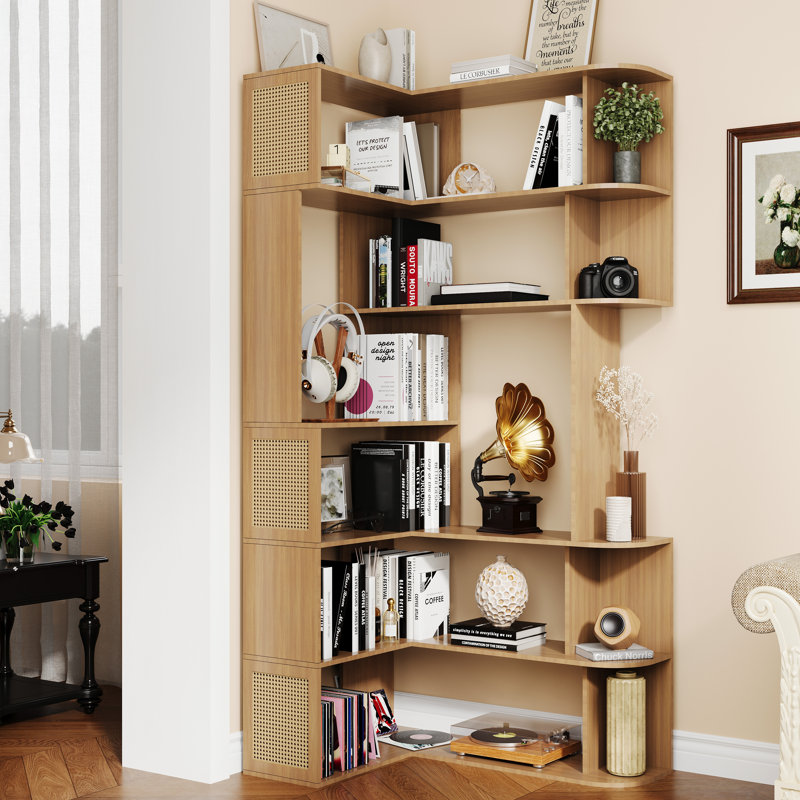 Corner Shelf,7-Tier Corner Bookshelf,Farmhouse L Shaped Shelves Etagere Bookcase, Large L Shaped Bookshelf with Vine Woven Open Storage Cabinet for Home Office (Large,Log Color)