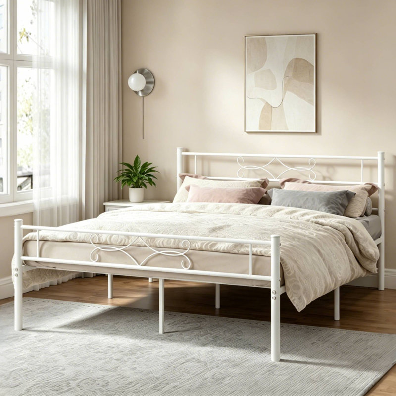 Queen Bed Frame Metal Platform Bed Frame with Headboard & Footboard,  Mattress Foundation ,No Box Spring Needed, Queen, White