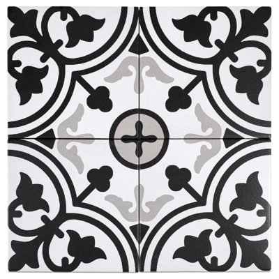 Bliss Gothic Black 8-in. Encaustic Spanish/Moroccan Patterned Matte Porcelain Wall & Floor Tile