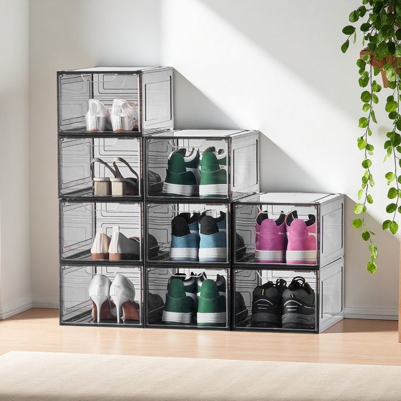 Boîtes de rangement pour chaussures, 9 boîtes de rangement pour chaussures empilables transparentes avec porte magnétique, s'adaptent à la taille US 13