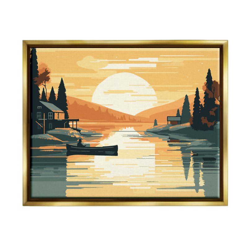 Paysage de lac Sunrise sur toile, H 25 po x l 25 po x P 1,7 po, Cadre flottant métallique doré