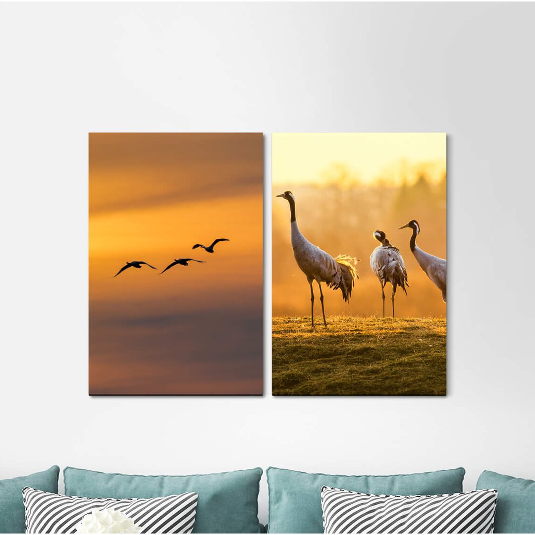 2-tlg. Leinwandbilder-Set - Fotografie „Each Birds Cranes Japan Flies Evening Reds Above Clouds”