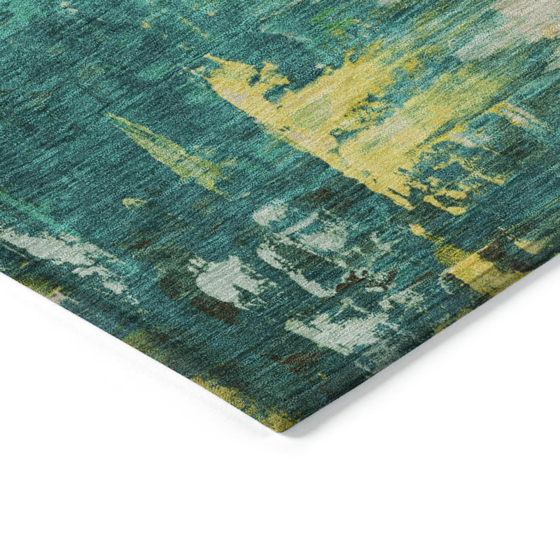 3' X 5' Green And Gold Abstract Washable Indoor Outdoor Area Rug