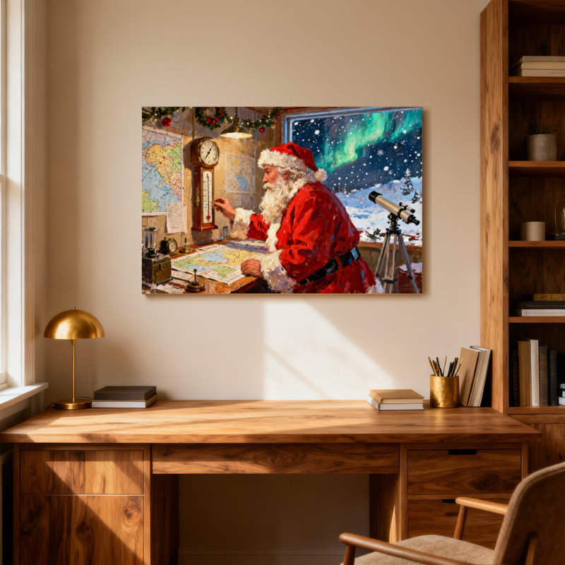 Noël, père Noël au travail dans un atelier, H 12 po x l 18 po