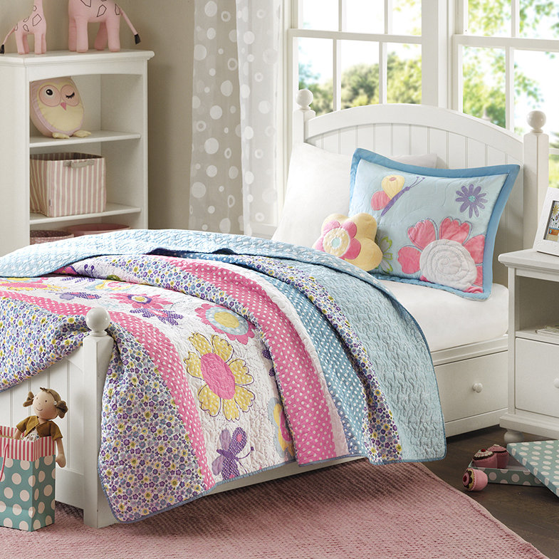 Blue and Pink Reversible Microfiber Twin Quilt Set
