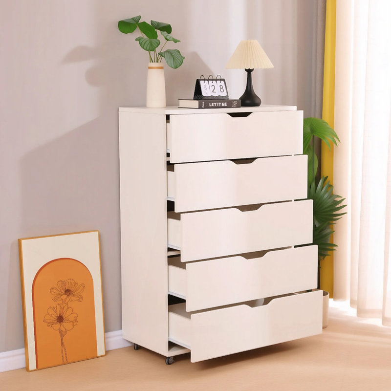 Commode mobile à 5 tiroirs avec roulettes, Blanc