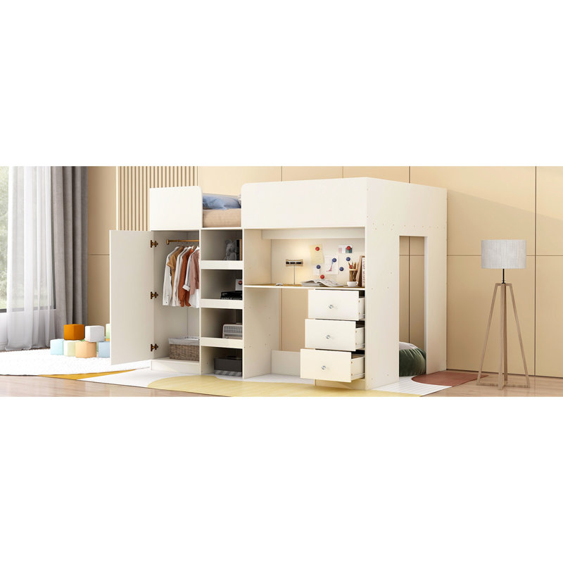 Lit mezzanine en bois beige avec tiroirs, rangement et bureau - Penderie pleine grandeur, tablettes et tiroirs intégrés