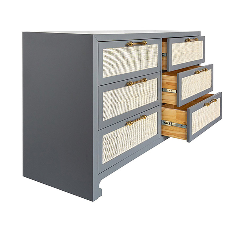 Coastal Elegance Matte Grey Double 6-Drawer Dresser with Hand-Woven Caning