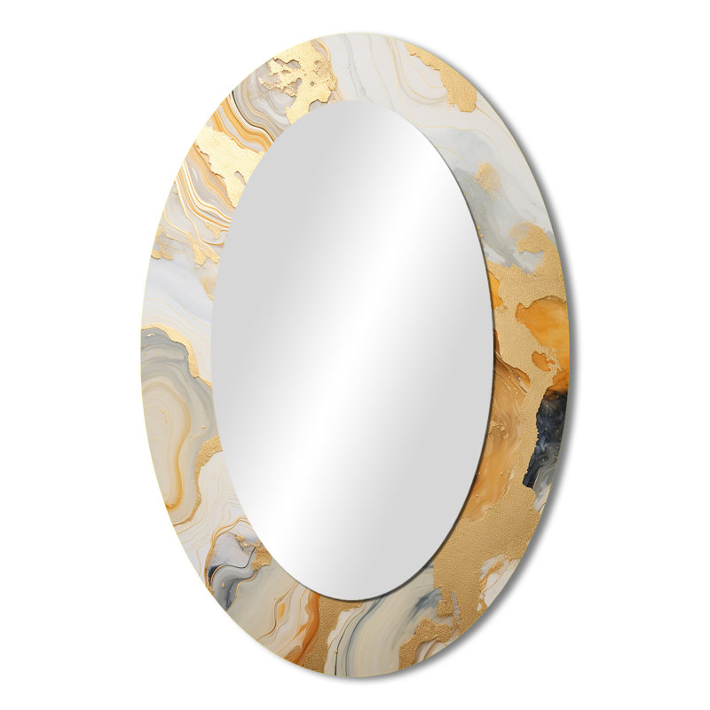 Gold And White Marble River - Gold Modern Oval Wall Mirror, 36" x 24"