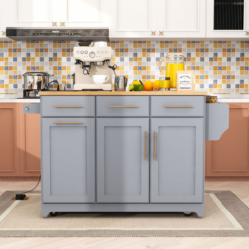 Rolling Kitchen Island with Drop Leaf, Pull-Out Organizers, Charging Ports and Trash Can Cabinet, Gray Blue