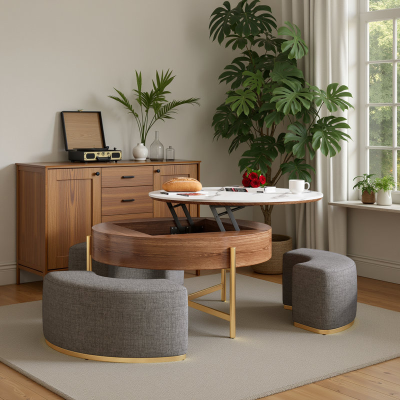Table basse moderne à plateau relevable avec rangement caché, plateau en placage et en pierre frittée, 3 repose-pieds gigognes rembourrés, conception peu encombrante