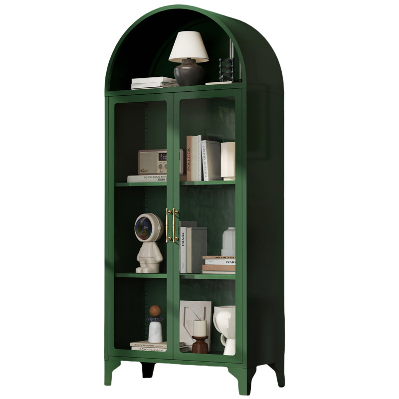 73.6" Arched Metal Storage Display Cabinet with Adjustable Shelves and Glass Doors, Green