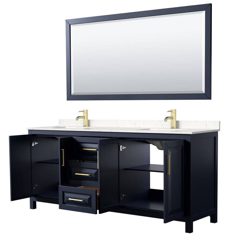 Daria 80'' W Double Vanity, Dark Blue, Carrara Cultured Marble, Brushed Gold