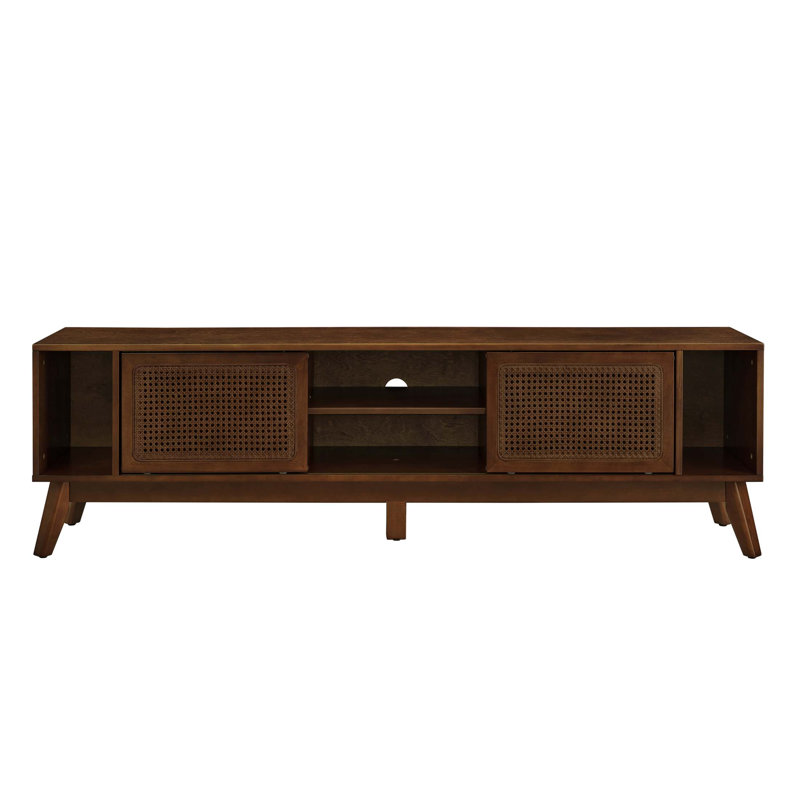 Mid Century Modern Rattan TV Stand With Storage, Solid Wood Feet, For Tvs Up To 75 Inches, Living Room Media Console