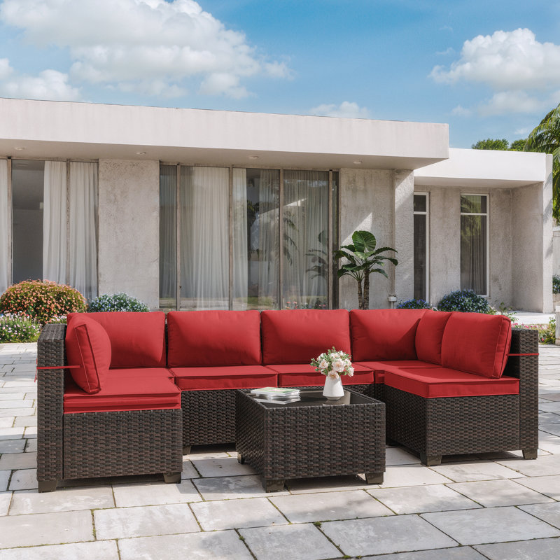Canapé modulaire en U 7 pièces avec coussins Hanshaw, Rouge