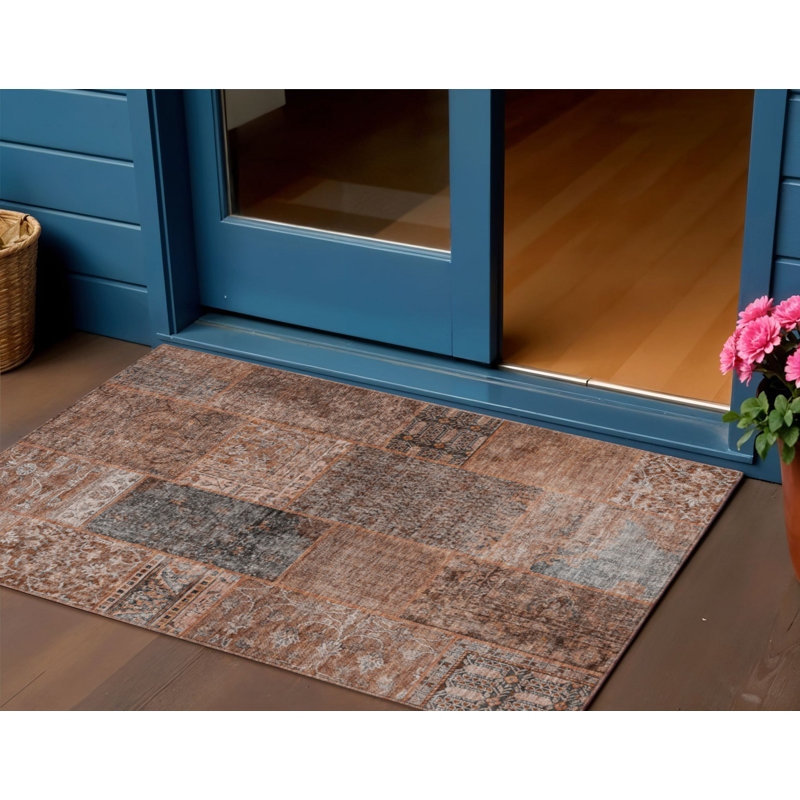 3' X 5' Terra Cotta Copper And Charcoal Patchwork Washable Indoor Outdoor Area Rug