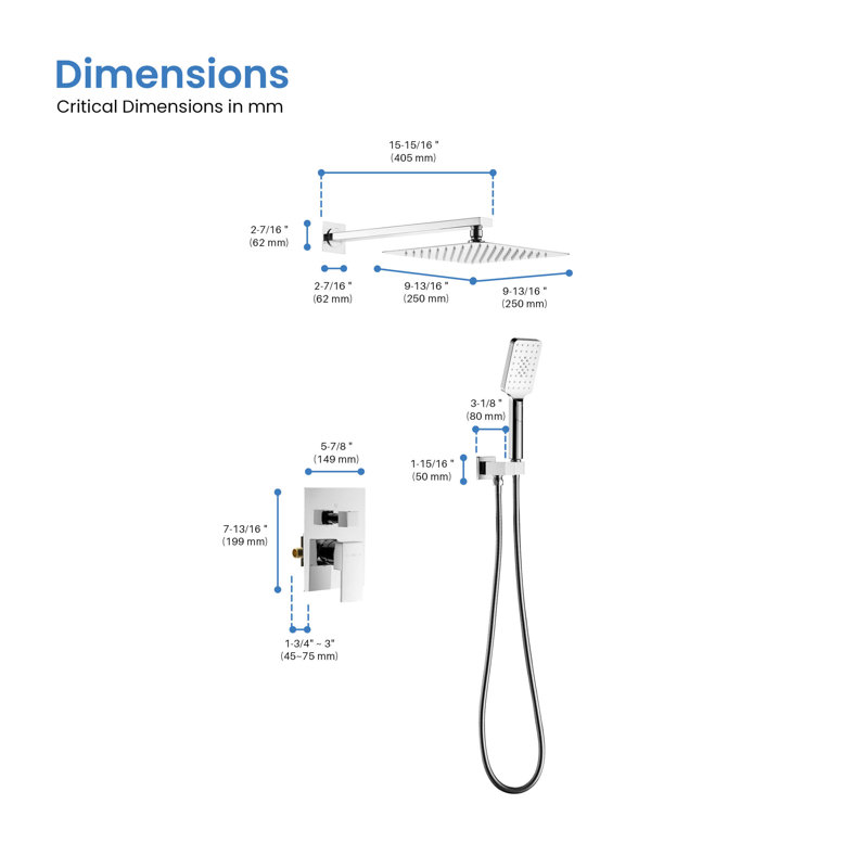 Système de douche cubique à pression équilibrée 2 fonctions avec valve brute, Chrome chrome