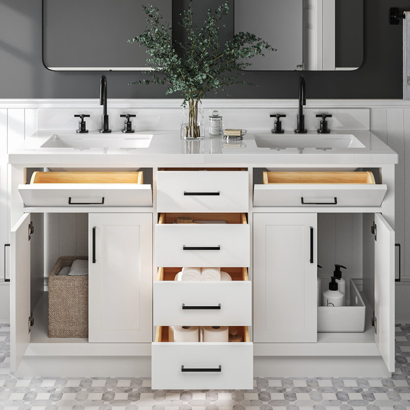 Meuble-lavabo double en bois massif Tidworth avec plateau en quartz blanc de 1,5 po, Forme rectangulaire, Blanc / noir mat