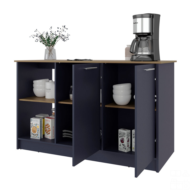 Îlot de cuisine H 35,7 po, 2 portes, 6 tablettes, Bleu / Naturel