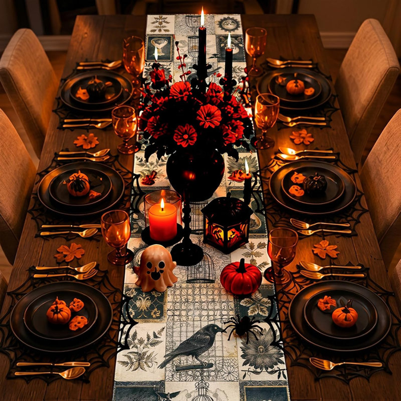Chemin de table d'Halloween, nappe rétro vintage à motif de crâne gothique pour la fête des morts, décorations d'Halloween pour la maison, dimensions : 33 x 274 cm (13 x 108 pouces), en polyester.
