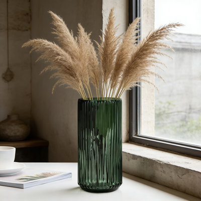 Hand-Blown Glass Vase, Thickened Vintage Striped Design For Home And Office Decor, Cylindrical Vase For Flowers And Plants