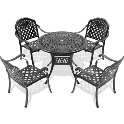 5 Cast Aluminum Outdoor Patio Furniture With Cushions - Black, Rust-, 4 Seating, , Stackable Design, Round Table, Cozy Chairs Cushions, Stackable, Relaxing Chair Option