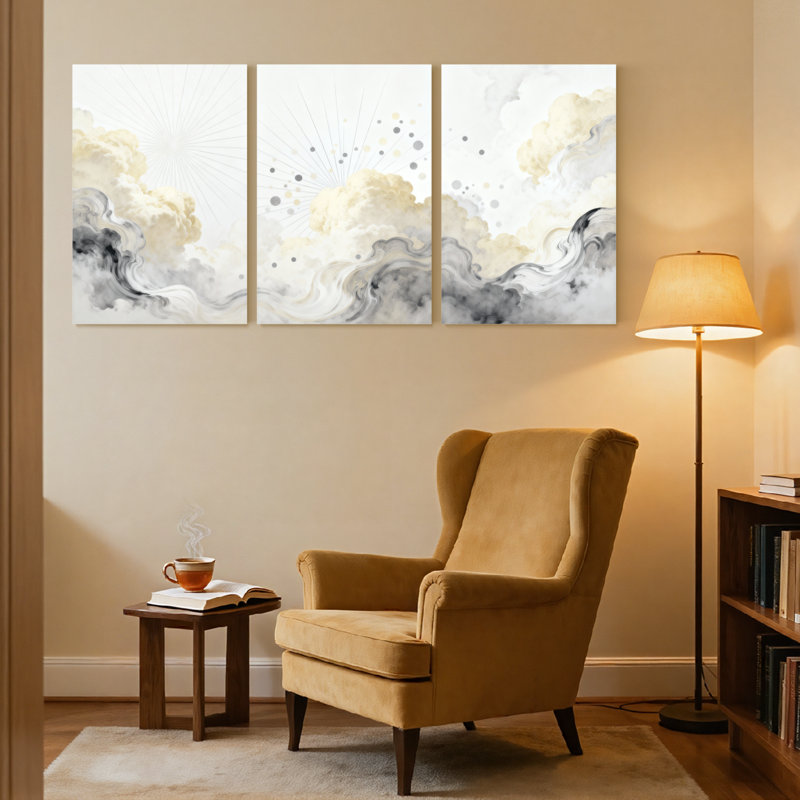 «Abstract Abstract Clouds Sunburst Golden Dots Smoke Waves», ensemble de 3 impressions sur toile, H 18 po x l 36 po