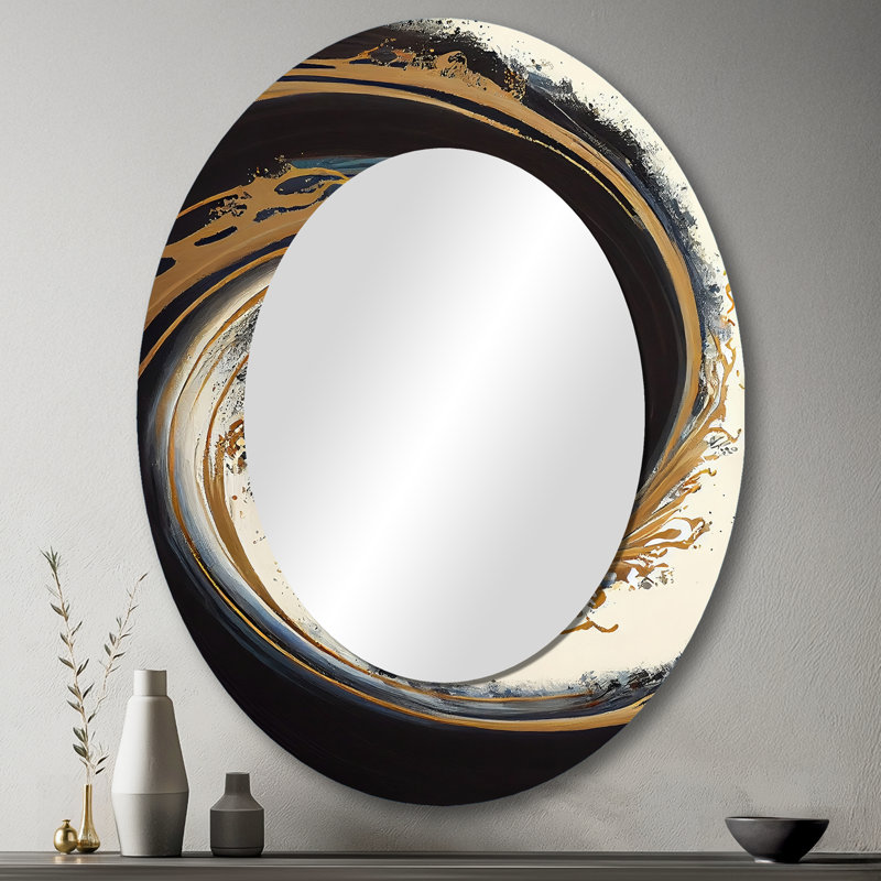 Persijs, cercle noir et or V - grand miroir à spirales abstraites, décor de miroir mural unique et moderne, impression d'art en métal