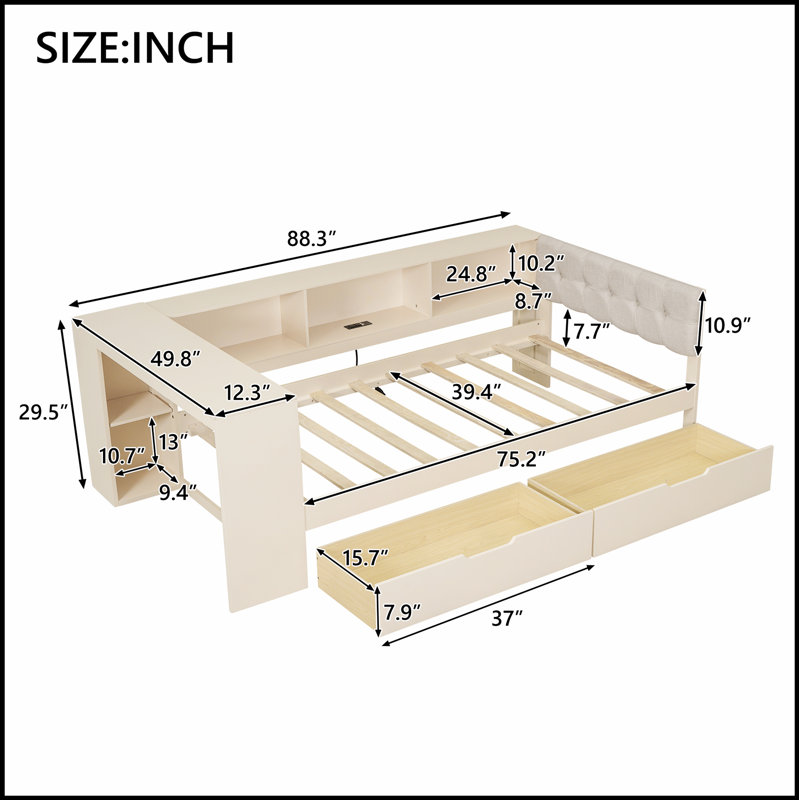 Lit plateforme en bois avec tablettes de rangement, tiroirs, station de charge et tête de lit tapissier pour chambre à coucher moderne