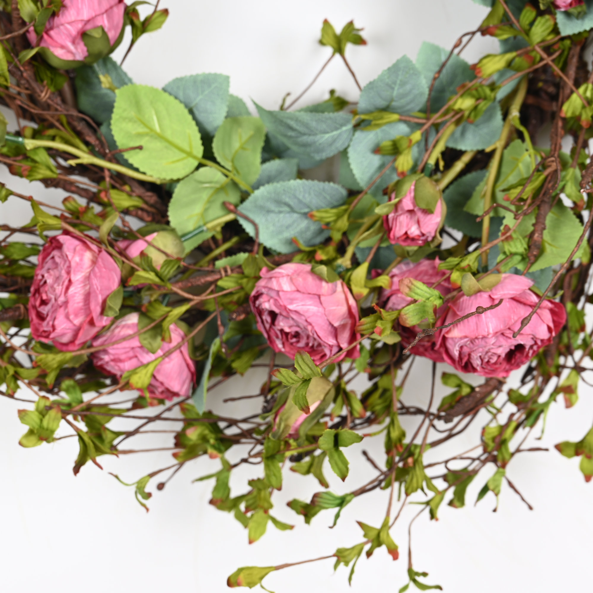 24" Artificial Farmhouse Spring Summer Rose Floral Wreath For Front Door Greenery Twig Home Wedding Party Wall Decor, Red