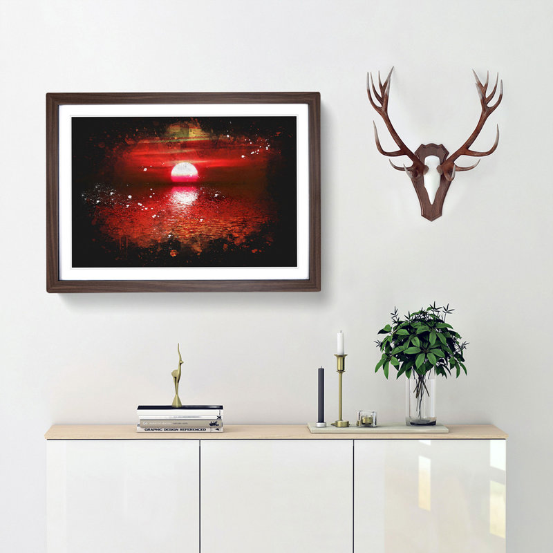 Red And Orange Sunset Above The Sea - Single Picture Frame Print on MDF, 45cm H x 63cm W x 2cm D, Walnut Framed