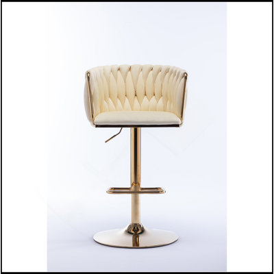 Ensemble de 2 tabourets de bar, avec repose-pieds chromé et base pivotante à hauteur réglable en velours velours mécanique + pieds dorés, ivoire