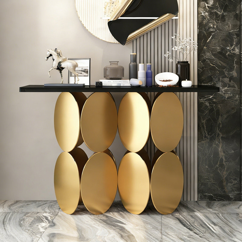 Console de style italien simple et luxueuse, H 33,5 po x l 70,9 po x P 13,8 po, Noir, Doré