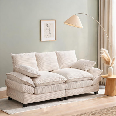 Canapé modulaire pour chambre à coucher et salon, combinant velours côtelé beige, 83 po et détails en bois massif