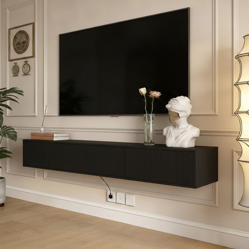 Meuble télé flottant mural avec éclairage à DEL, console multimédia moderne avec station de charge, centre de divertissement compact pour salon