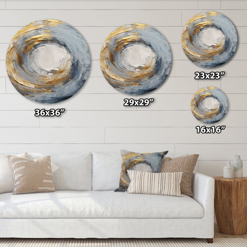 Spirales vibrantes dorées et bleues IV - Art abstrait rond en métal, H 16 po x l 16 po