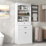 Bathroom Storage Cabinet with Two Doors, Drawers, Adjustable Shelf & Three Open Shelves