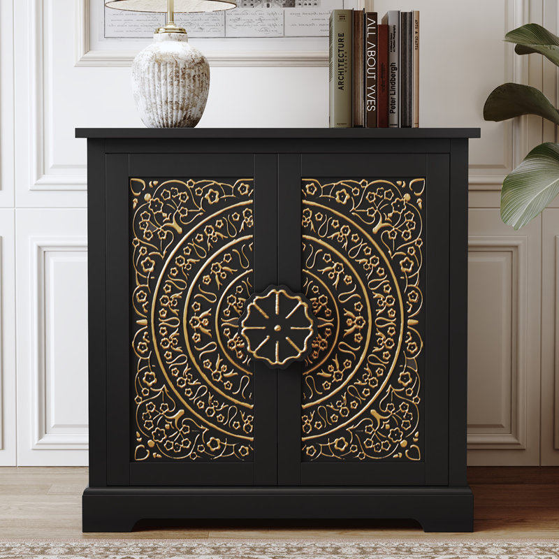 31.5''Vintage Sideboard with Hand-Gilded Embossed Doors with Adjustable Shelves, Black