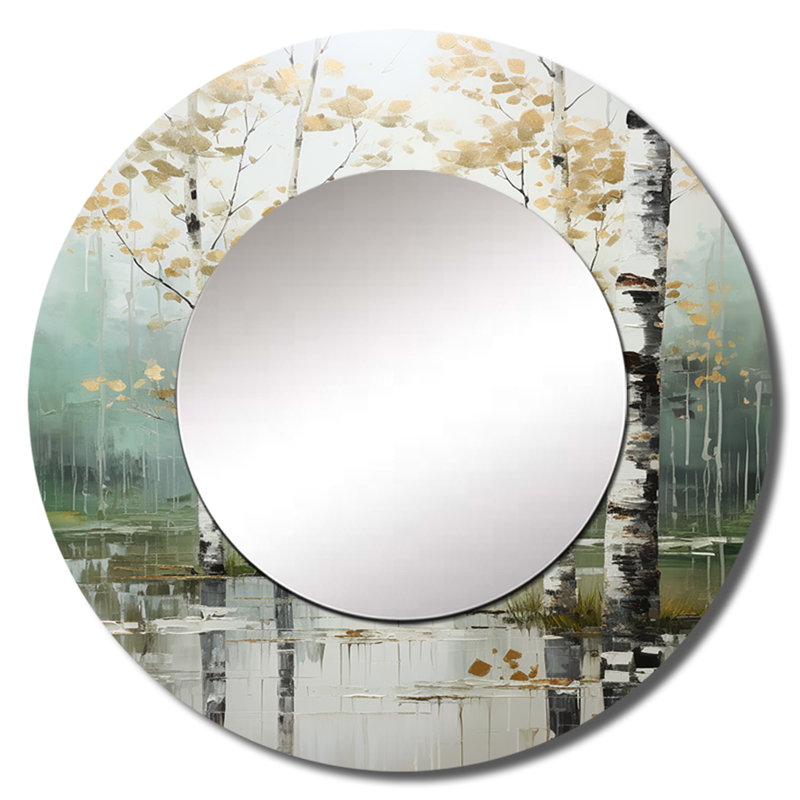 Birch Woods Ethereal Elegance IV - miroir mural en bouleau, miroir décoratif rond traditionnel, impression d'art en métal