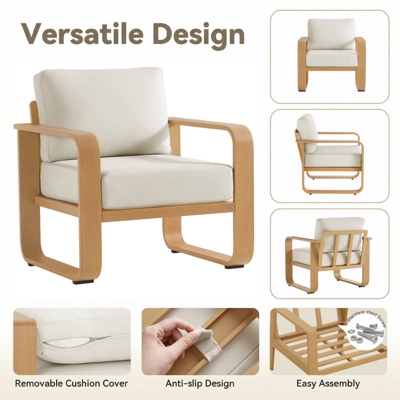 Outdoor Aluminum Club Chair With Cushions, Beige Cushion/Natural Wood Frame