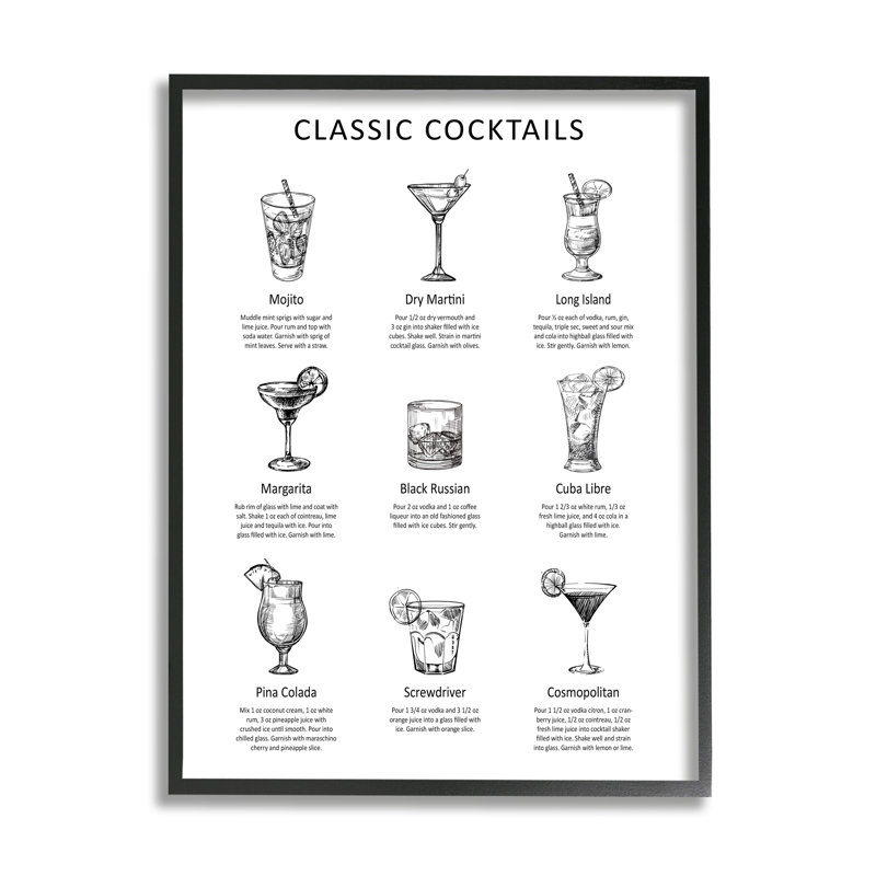 Tablette de cuisine classique avec cocktail mixte, Giclée encadrée noir minuit, H 20 po x l 16 po x P 1,5 po