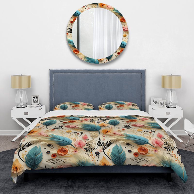 Ensemble de housse de couette floral bleu et beige à plumes Harmony Blooms, Housse de couette pour grand lit et 2 taies décor