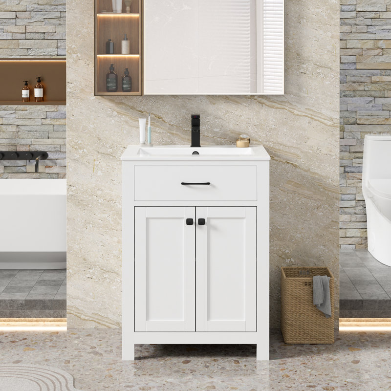 Meuble-lavabo simple 24 po avec plateau en céramique Manrique, robinet, peinture à la main écologique Manrique, Blanc